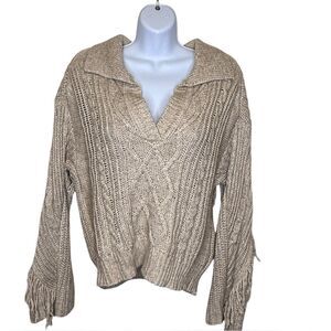 Revel Women's Tan Cable Knit Fringe Polo Sweater Size Medium